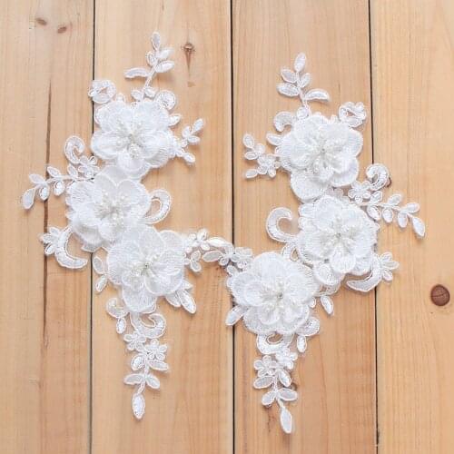 25*12.5CM 3D Flower Pearl Lace Appliques DIY Sewing Craft Sew On Lace Trims For Clothes Wedding Bridal Headdress Lace
