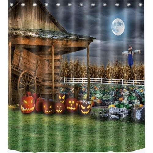 72'' Wooden House Pumpkin Lamps Field Scarecrow Bathroom Waterproof Fabric Shower Curtain Polyester 12 Hooks Bath Accessory Sets