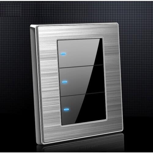 86 Type 3 Gang 1 Way 2 Way Switch With Led Household Wall Random Click Switch Brushed Stainless Steel Mirror Reset Switch