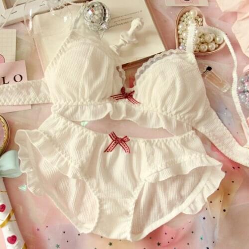 Mori Girl White Cute Japanese Bra & Panties Set Ruffles Trim Cotton Wirefree Soft Underwear Sleep Intimates Set Kawaii Lolita