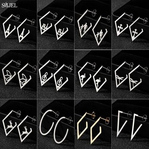 SMJEL Korean Fashion Triangle Earrings for Women Girls Hiphop Minimalist Eiffel Tower Flamingo Cross Earrings Deer Studs Jewelry
