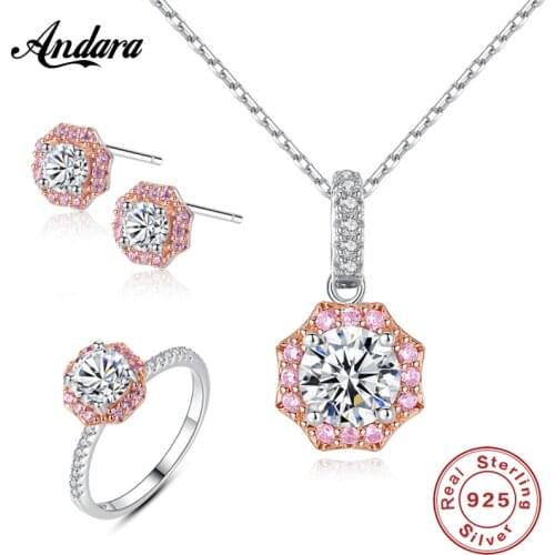 New 100% 925 Sterling Silver Fashion Minimalist Round AAA White Powder Zircon Earrings Necklace Rings Jewelry Sets