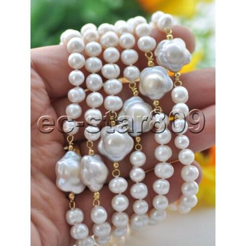 P7469 50" 15mm White Flower & Round Pearl Necklace Choker Women jewelry