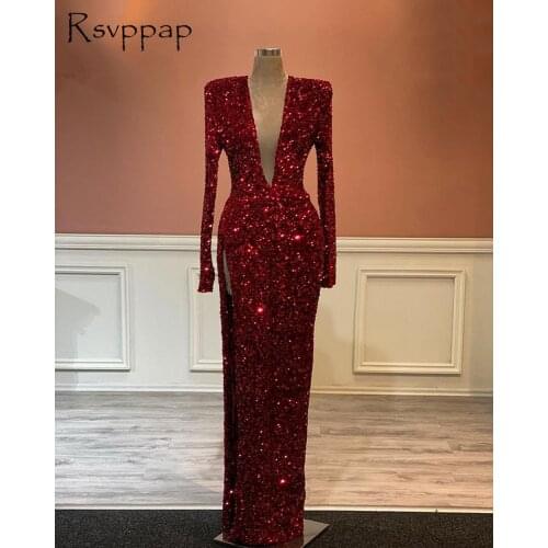 Simple Long Red Evening Dresses 2021 Sexy Deep V-neck Long Sleeve High Slit Velvet Sequin African Women Formal Party Gowns