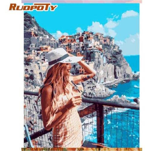 RUOPOTY Woman In Seaside Oil Painting By Numbers Kits Handmade Diy Framed On Canvas Modern Home Decoration Acrylic Art Crafts