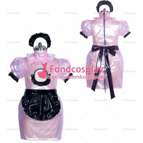 Fondcosplay adult sexy cross dressing sissy maid short French lockable baby pink clear PVC dress Open breast Tailor-made[G3874]