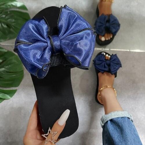 2021 Womens Flip Flops Women Slippers Elastic Bow Flat Outdoor Comfortable Non-Slip Casual Open Toe Beach Sandals Large Size