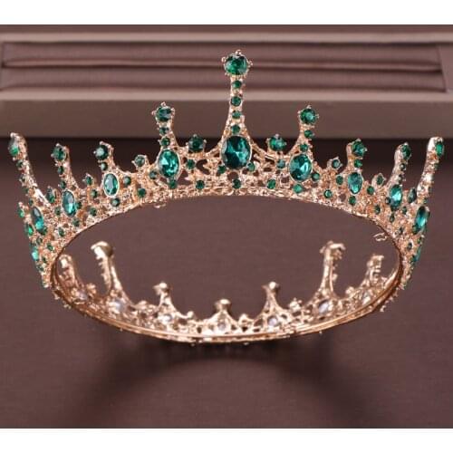 Vintage Baroque Green Crystal Round Queen Crown Wedding Tiara Bridal Diadem Gold Color Headpiece Dress Wedding Hair Accessories