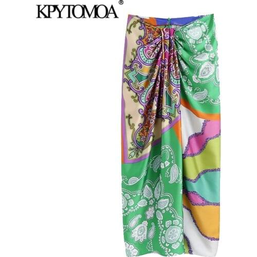 KPYTOMOA Women 2021 Chic Fashion With Knot Printed Front Vents Midi Skirt Vintage High Waist Back Zipper Female Skirts Mujer