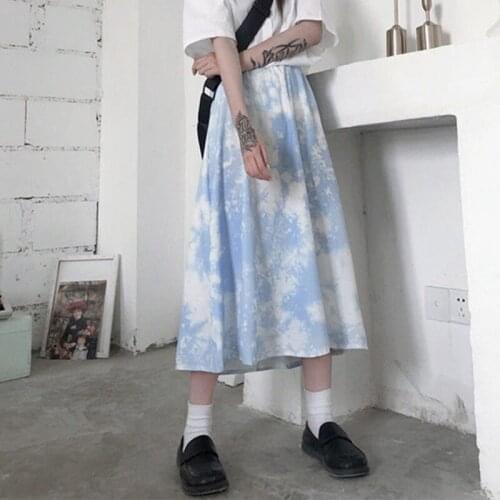 INS blue tie-dye Mid-calf skirt female streetwear summer Korean preppy style sweet cute A-line skirt Harajuku high waist skirt