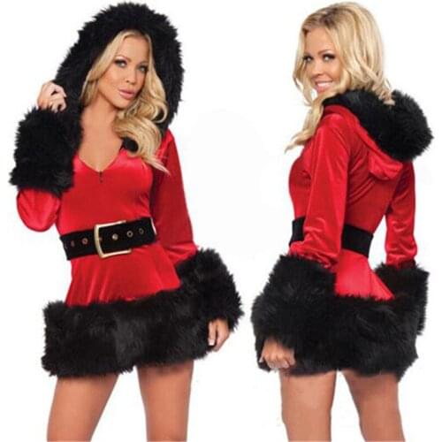 Funny!Red Merry Christmas Plush Hooded Santa Claus Dress Cosplay Costume For Christmas Masquerade Party For Women Female