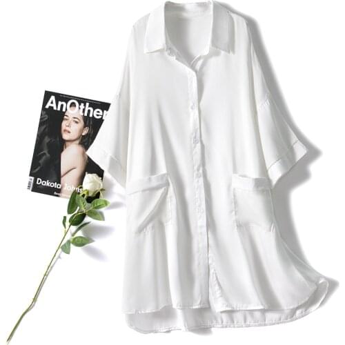 Womens Summer Silk Satin Pajama Thin Cool Turn-Down Collar Cardigan Homewear Concise Leisure White Soft Sleepwear Comfortable