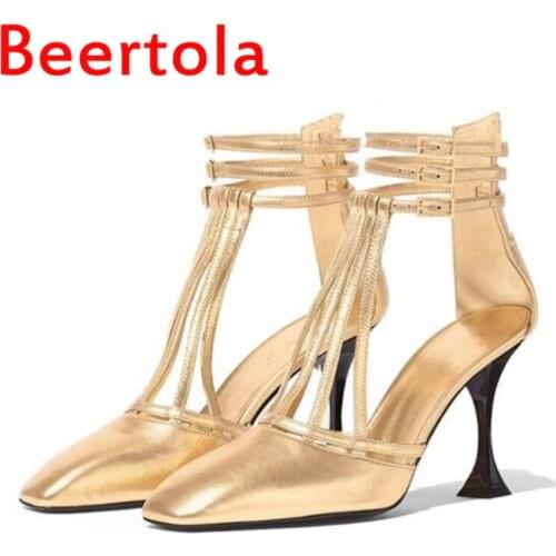 Recommend Beertola Runways Womens Sandals Sexy Buckle High Heels Two Model Shoes Female Roman Shoes Ladies Pumps Big Size Gold