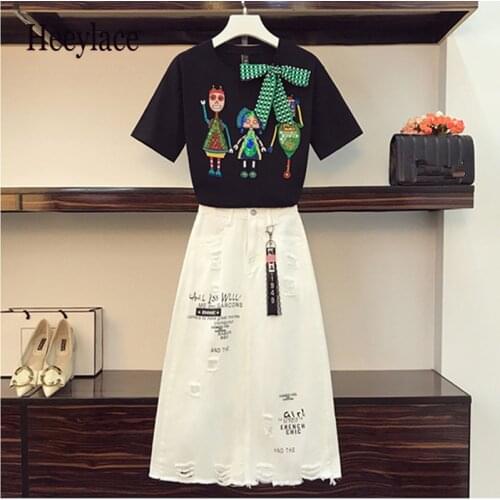 Plus size women Summer two piece set Sequines Cartoon character embroidery Tshirt and High Waist hole White Denim Skirt sets