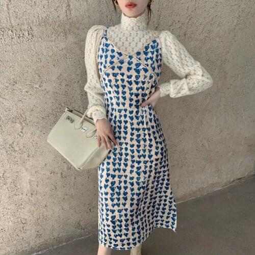Bella 2021 new Two Pieces Set Dresses Women Alf High Neck Lace Bottoming shirt-Sling Split Fork Dress Spring Autumn Ladies Dress