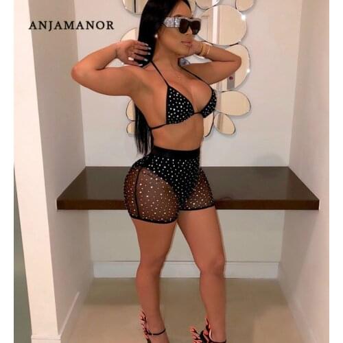 ANJAMANOR Sequin Mesh Black Sexy Two Peice Set Crop Top Shorts Summer Club Outfits for Women Clothes 2019 Matching Sets D41-AA59