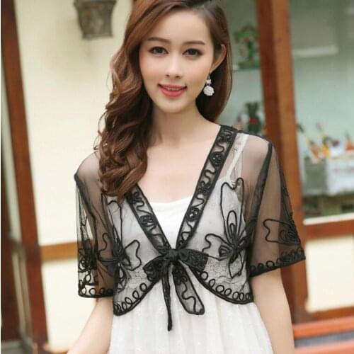 Summer Vintage V-Neck Short Sleeve Embroidery Lace Mesh Shrug Bolero Jacket Big Size Women See-Through Short Shawl Cardigan Top
