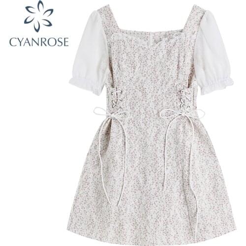 Vintage Short Dress Women 2021 Summer Lantern Short Sleeve Elegant Floral Print High Waist Drawstring Lace Up Lady Party Frocks