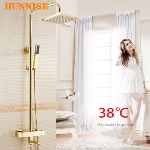 Gold Thermostatic Shower Set Fashion Bathroom Fixture Solid Brass Bathroom Mixer Set Wall Mounted Thermostatic Shower System Set