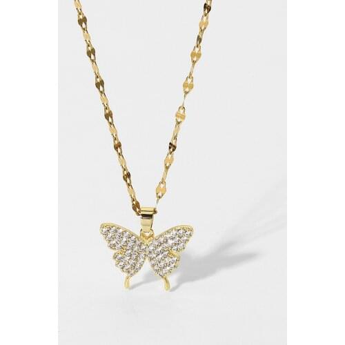 18K Gold Plated Stainless Steel Chokers Necklace For Women Party Jewelry Elegant Full Zircon Butterfly Pendant Necklace