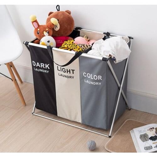 3 Sections Foldable Laundry Basket Large Collapsible Laundry Storage Bag Bathroom Organizer Black Dirty Clothes Toy Hamper Box