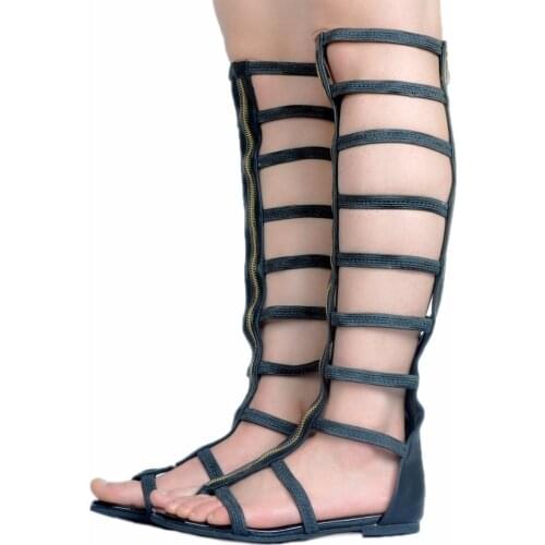 Plus size 45 knee thigh high balck summer leather boots sexy cut out girls shoes gladiator sandals women flats botas feminina