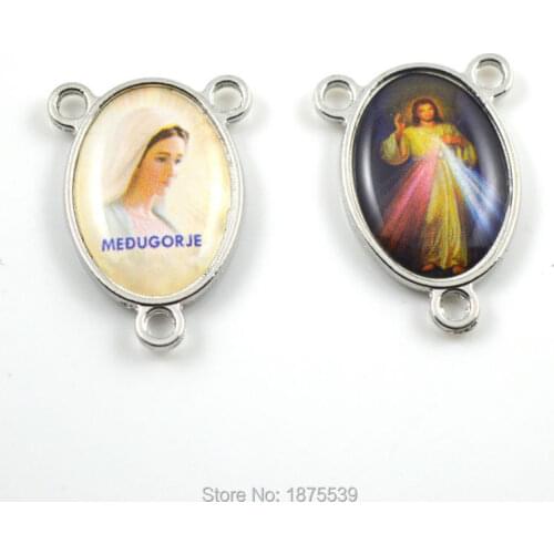 Big size oval catholic rosary center medal Jesus mercyful with MEDUGORJE picture