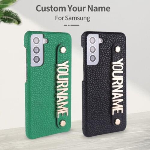 Personalization Initial Name Luxury Pebble Leather Phone Case For Samsung S8 9 10 21 A50 70 A7 2018 Metal Letters Phone Funda