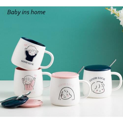 Ceramic Cup Milk Cup Coffee Mugs with Lid Coffee Cup for Kids Hand Painted Boys and Girls Cartoon Cute Tea Cup Drinkware
