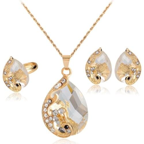 3Pcs/sets Necklace Earrings Ring Set 2021 Fashion Charm Alloy Crystal Glass Jewelry Set for the Bride Wedding Accessories Gift
