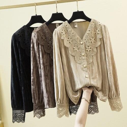 Black Pleuche Lace Long Sleeved Plus Size Korean Autumn Elegant Fashion Blouses And Tops WomenS Oversize Shirt Clothing 2021