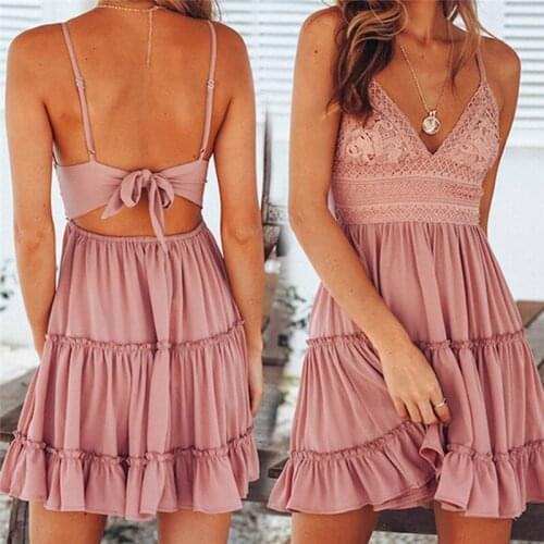 Summer Sexy Backless Mini Dresses Women Boho Spaghetti Strap V-neck Bow Sleeveless Dress Female Lace Patchwork Solid Beach Dress