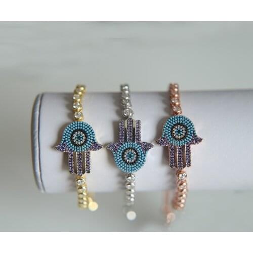 Wholesale mix colors gold turkish jewelry high quality AAA cz turquoises stone hamsa hand tennis chain adjust bracelet fashion