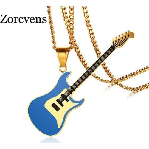 Modyle Guitar Necklace For Men/Women Music Lover Gift Black/Gold Color Stainless Steel Pendant & Chain Hip Hop Rock Jewelry