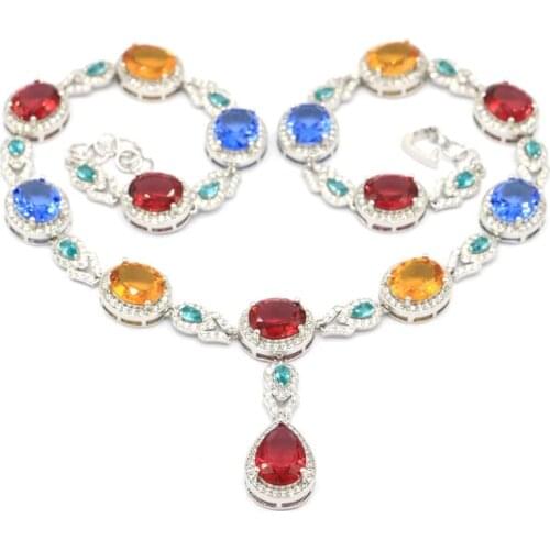 Multi Color Created Garnet Citrine Violet Tanzanite Kunzite Green Peridot London Blue Topaz Fine Jewelry Silver Necklace