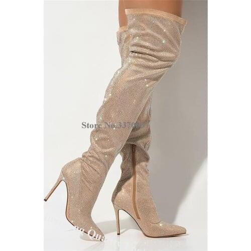 Linamong Bling Bling Over Knee Rhinestone Stiletto Heel Boots Shining Crystal Long High Heel Boots Club Evening Shoes