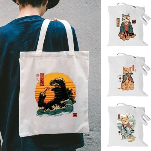 Funny Cat Bags Large Capacity Women Shoulder Bag Shopping Bags Cotton Cloth Fabric Grocery Reusable Handbags Tote Book Bag