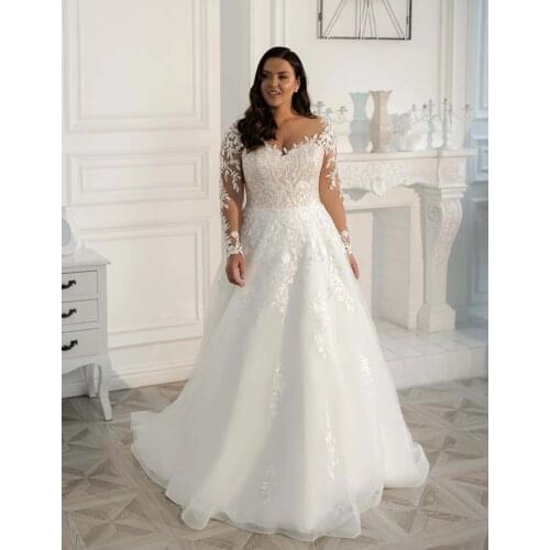 Boho Wedding Dresses A-line Scoop Long Sleeves Tulle Appliques Lace Dubai Arabic Wedding Gown Bridal Dress Vestido De Noiva