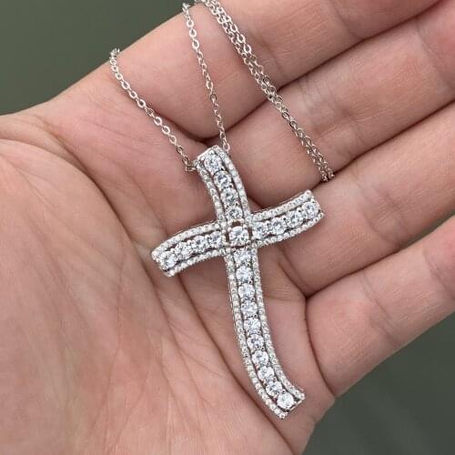 Sparkling Luxury Jewelry 925 Sterling Silver Cross Pendant Full White Clear 5A Cubic Zirconia High Quality Wedding Necklace GifT