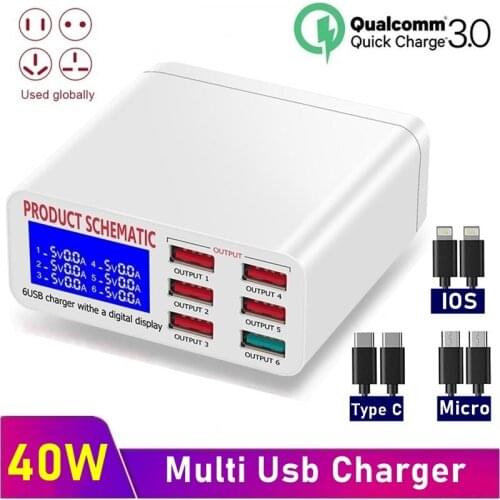 Universal 40W QC3.0 USB Charger With LCD Display 6 Ports Fast Phone Charger Charging Station for Iphone Xiaomi Samsung Tablet