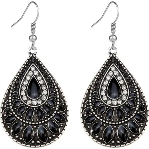High Quality 2021 New Vintage Jewelry Black Water Drop Earrings For Women Lady Fashion Silver Plated Rhinestone Dangle Earrings
