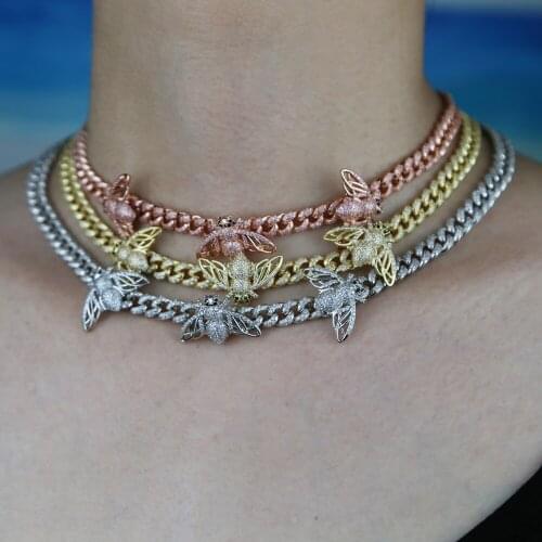 High quality honeybee charm Miami cuban link choker women necklace 5A cz cubic zirconia animal hiphop fashion choker necklace