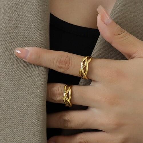 YUN RUO 2021 European and American ins style 18k gold index finger line cross staggered open ring woman titanium steel jewelry