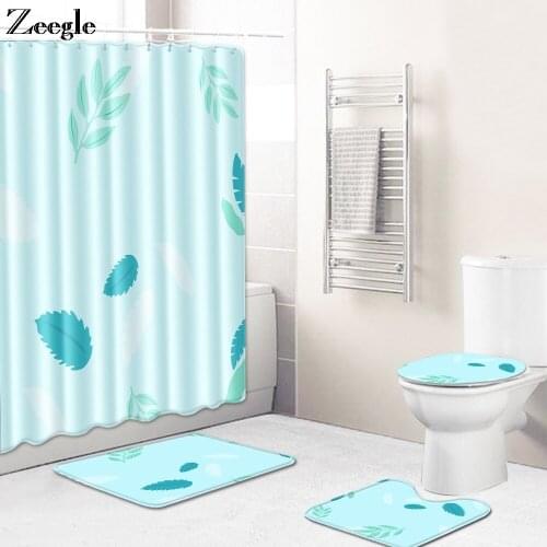 Zeegle 4Pcs Bath Mat Set Anti Slip Toilet Pedestal Rug Waterproof Shower Curtain Toilet Seat Cover Absorption Toilet Mat Set
