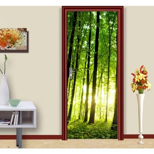 Green Forest 3D Door Sticker Mural PVC Self adhesive Waterproof Wallpaper Living Room Bedroom Door Decoration 3D Wall Painting