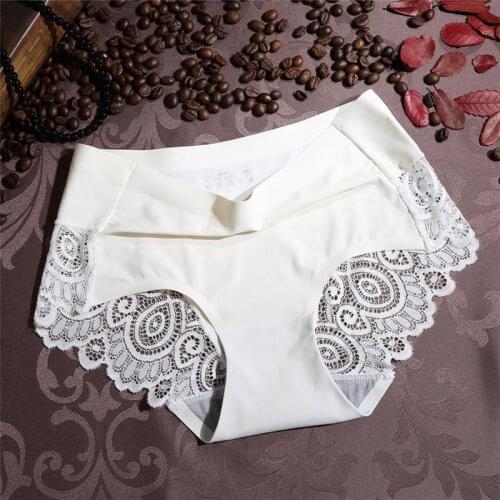 Womens Sexy Lace Panties Seamless Underwear Soft Comfortable Smooth Ice Silk Lingerie Breathable Cotton Erotic Elastic Briefs