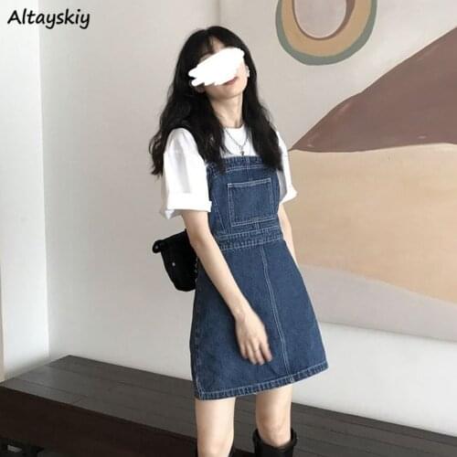 Dress Women Denim Mini A-line Sweet Leisure Dark Blue All-match Summer Girls College Daily Kawaii Bright Line Decoration Famale