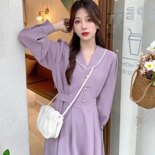 Woman Dress Autumn 2021 Korean Fashion New Elegant Solid Lapel Small Breasted Waist Back Tie Large Size Long-sleeved Vestidos