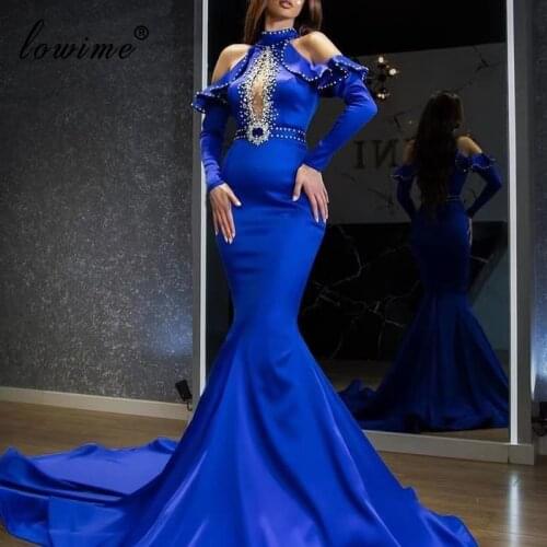 Long Sleeves Royal Blue Prom Dresses Mermaid Vintage Evening Gowns Beads Woman Celebrity Dresses Couture Fashion Robe Longue