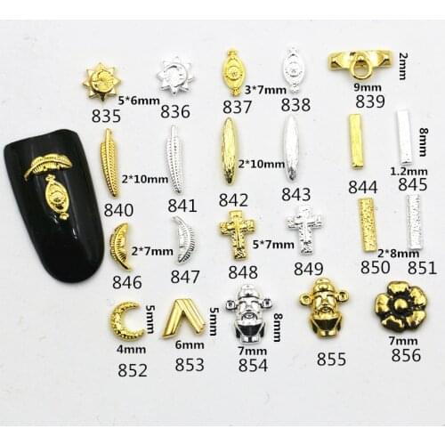 10Pcs/Lot Japan Gold Silver Moon Feather Sun Cross Metal Alloy Nail Art Polish Glue Deco Stickers/Charms for Manicure DIY Tools